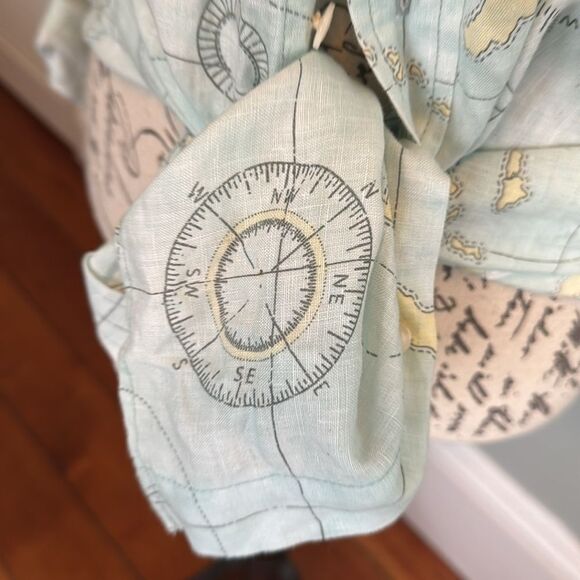 RARE Lands End *LINEN* Sample Sale Map Geography Compas Aqua Utility  Shirt - Picture 4 of 12